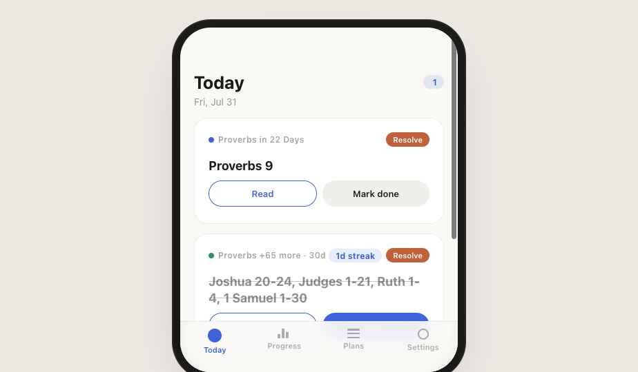 The Cadence Today screen on an iPhone, listing today's readings from two plans, each with a Read and a Mark done button.